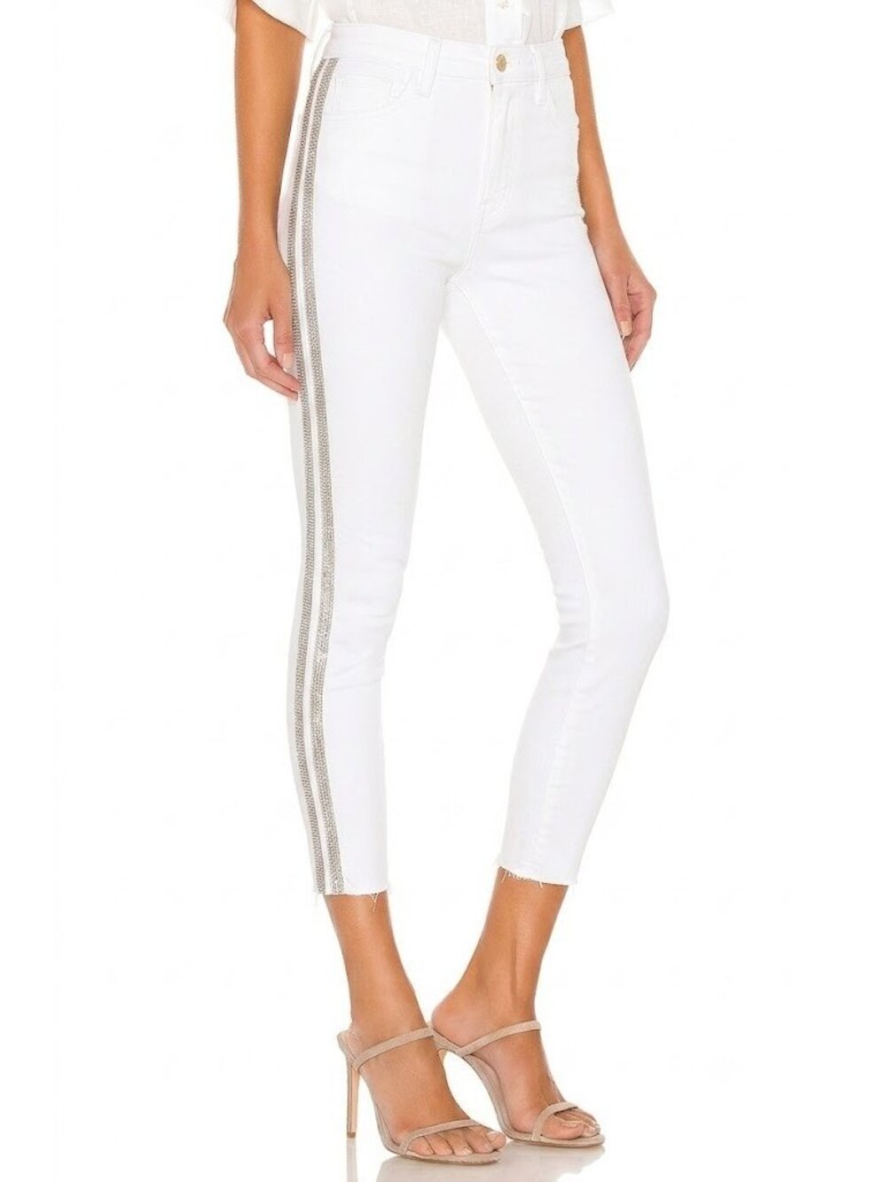 NWT L'Agence Margot in Blanc High-Rise Skinny Crystal Racing Stripe Jeans 26